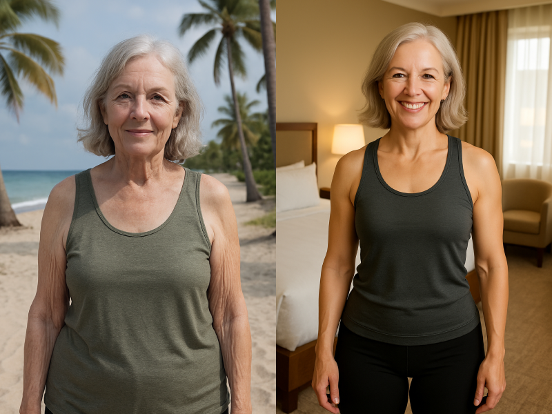 Image d'une femme avant et après, montrant une peau visiblement plus ferme et saine